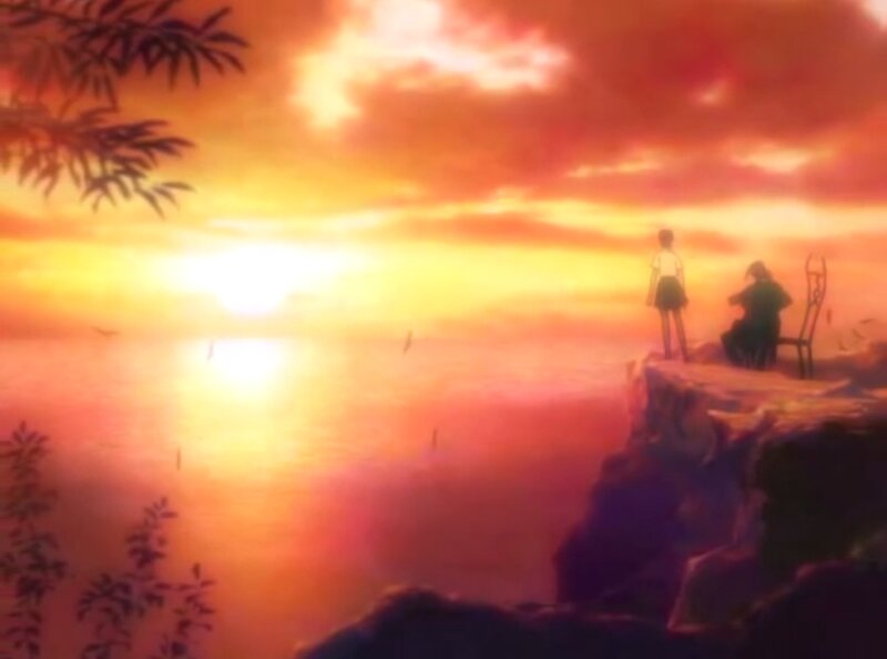 Two Figures on a Cliff — Orange, Serene