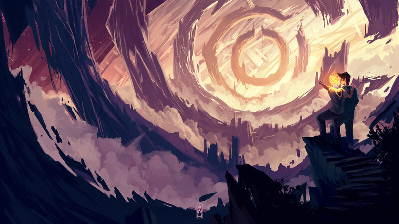 Two Figures on a Cliff — Purple, Dramatic, Sunset, Digital Art, Sky