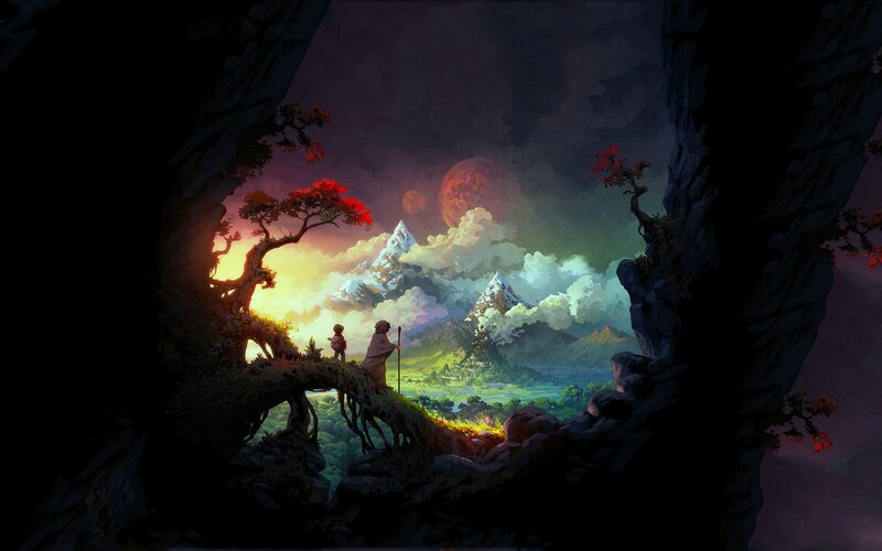 Two Figures on a Cliff — Purple, Dramatic, Sunset