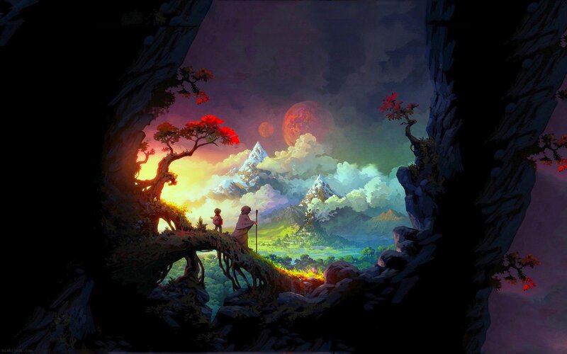 Two Figures on a Cliff — Purple, Dramatic