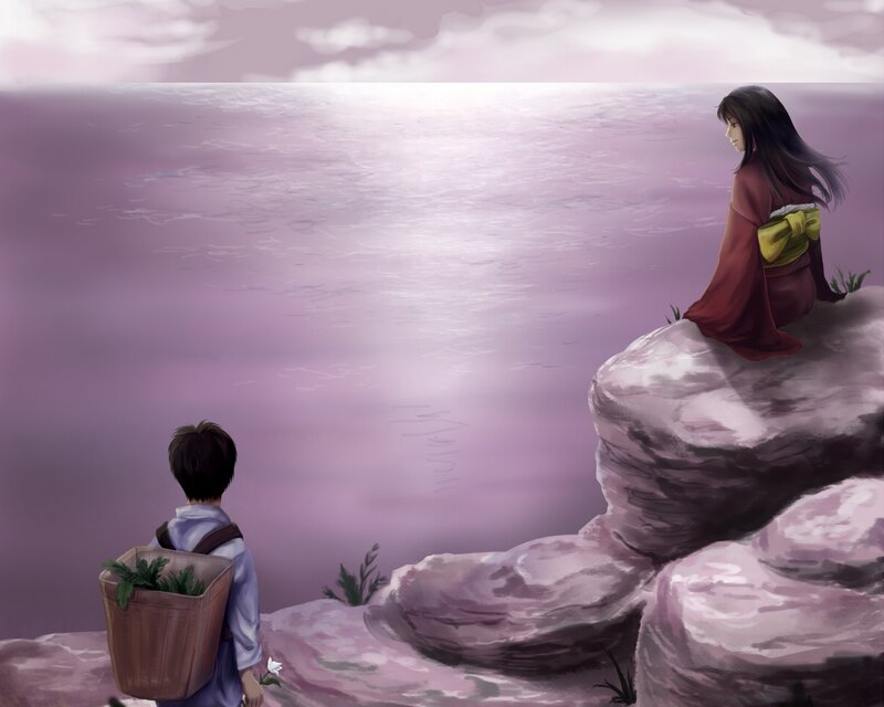 Two Figures on a Cliff — Purple, Serene