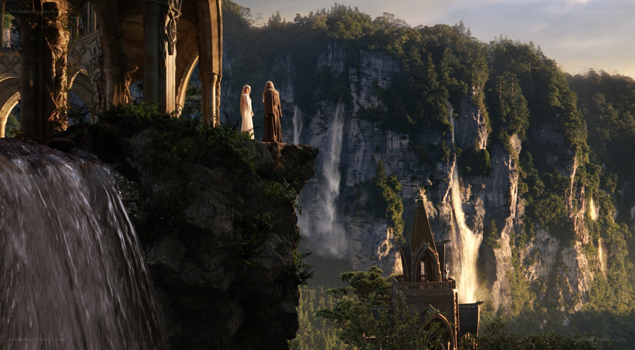 Two figures on a cliffside balcony