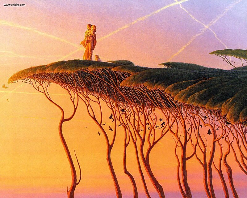 Two figures on a floating island