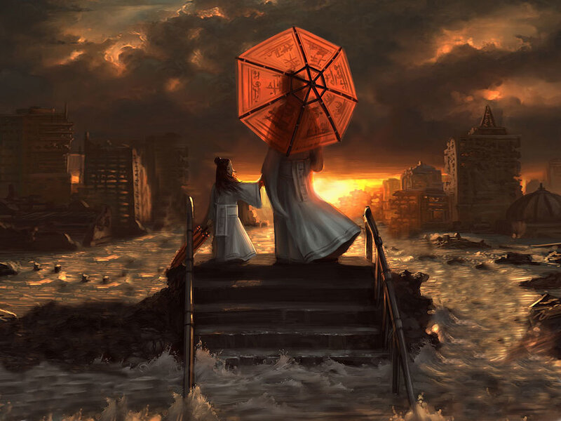 Two figures on a flooded bridge