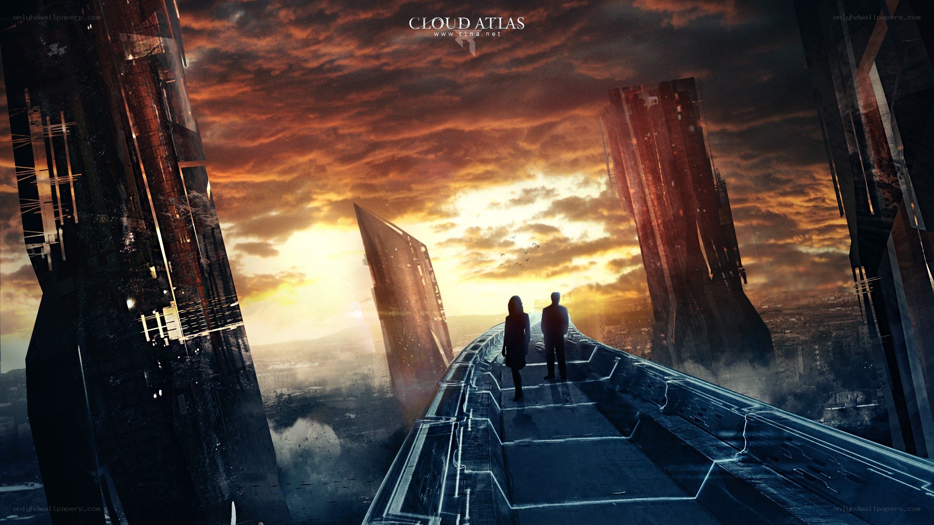 Two figures on a futuristic bridge