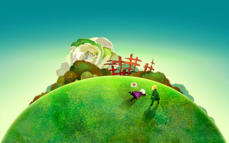 Two figures on a green planet