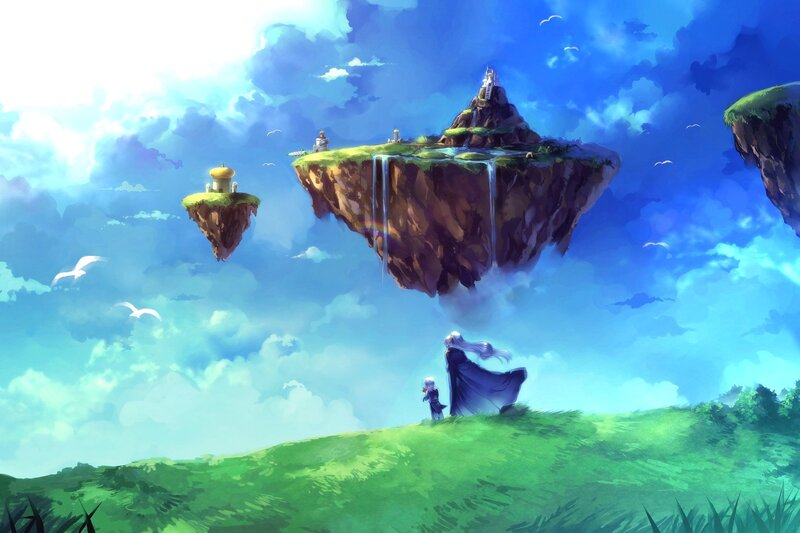 Two Figures on a Hill — Blue, Serene, Morning, Digital Art