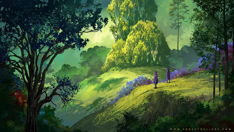 Two Figures on a Hill — Green, Serene, Afternoon, Digital Art, Trees