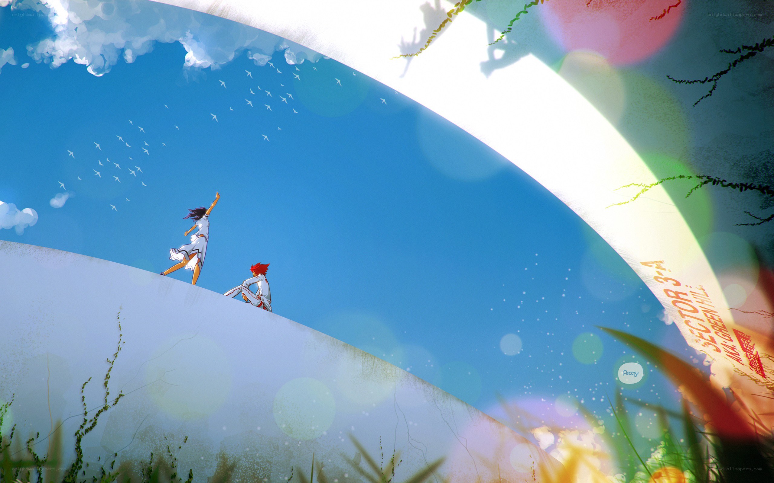 Two figures on a hill under blue sky