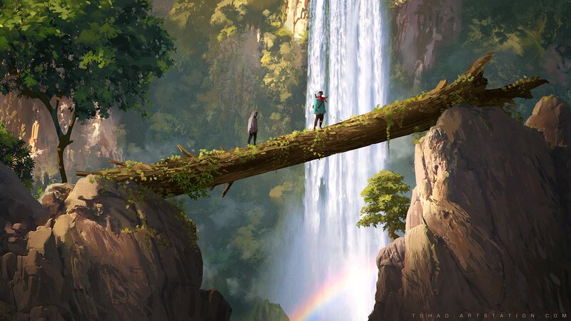 Two Figures on a Log Bridge