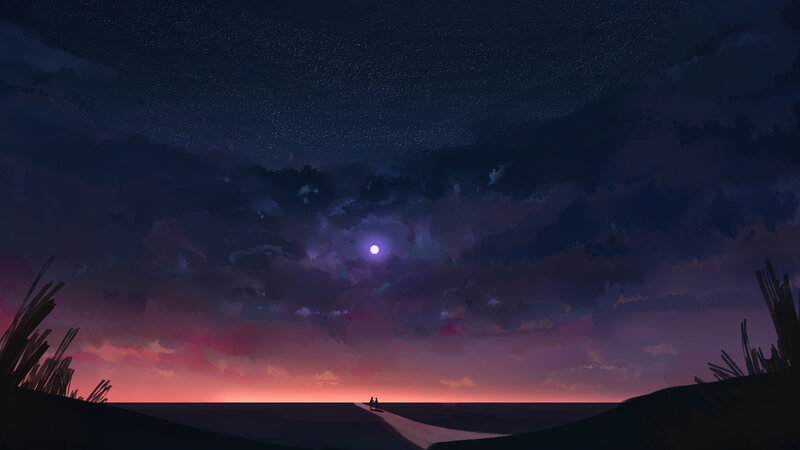 Two Figures on a Path — Purple, Serene