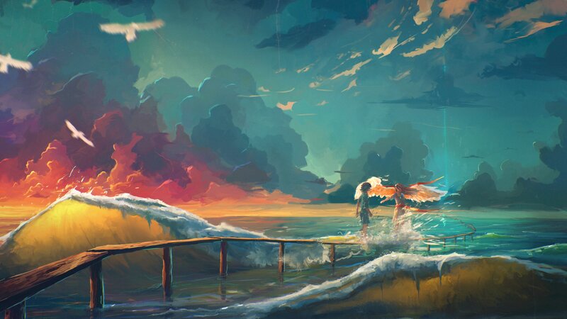 Two Figures on a Pier — Teal, Dramatic, Sunset
