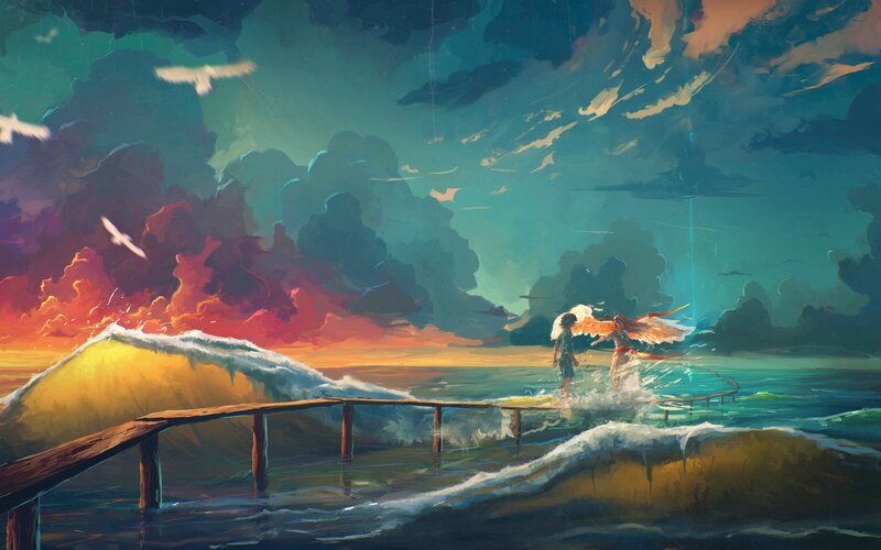 Two Figures on a Pier — Teal