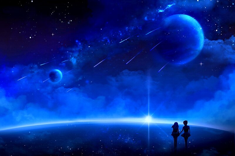 Two Figures on a Planet — Blue, Serene