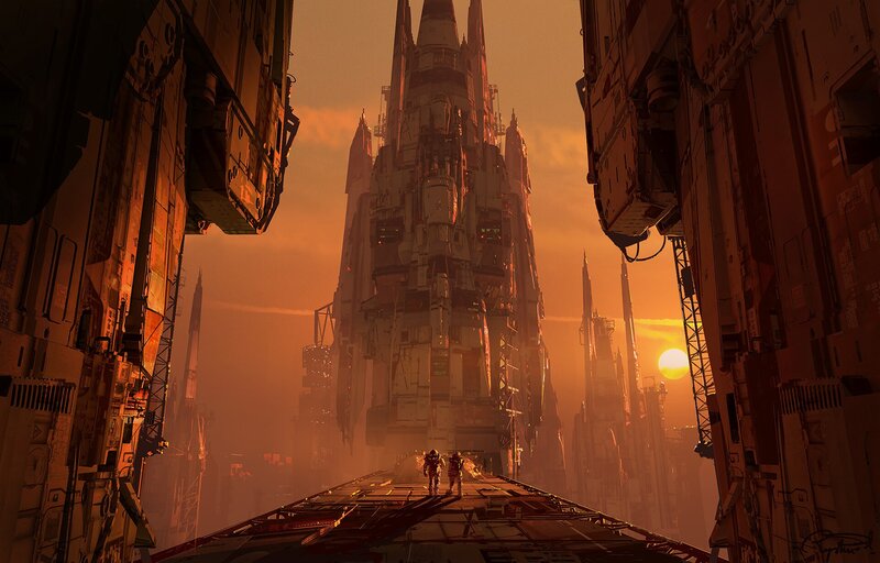Two Figures on a Platform — Orange, Dramatic, Sunset, Digital Art