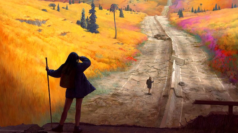 Two Figures on a Road — Yellow, Dramatic