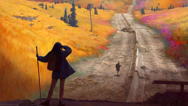 Two Figures on a Road — Yellow, Serene