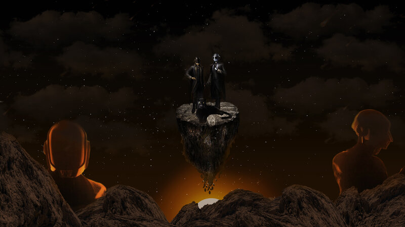 Two Figures on a Rock — Black, Dramatic