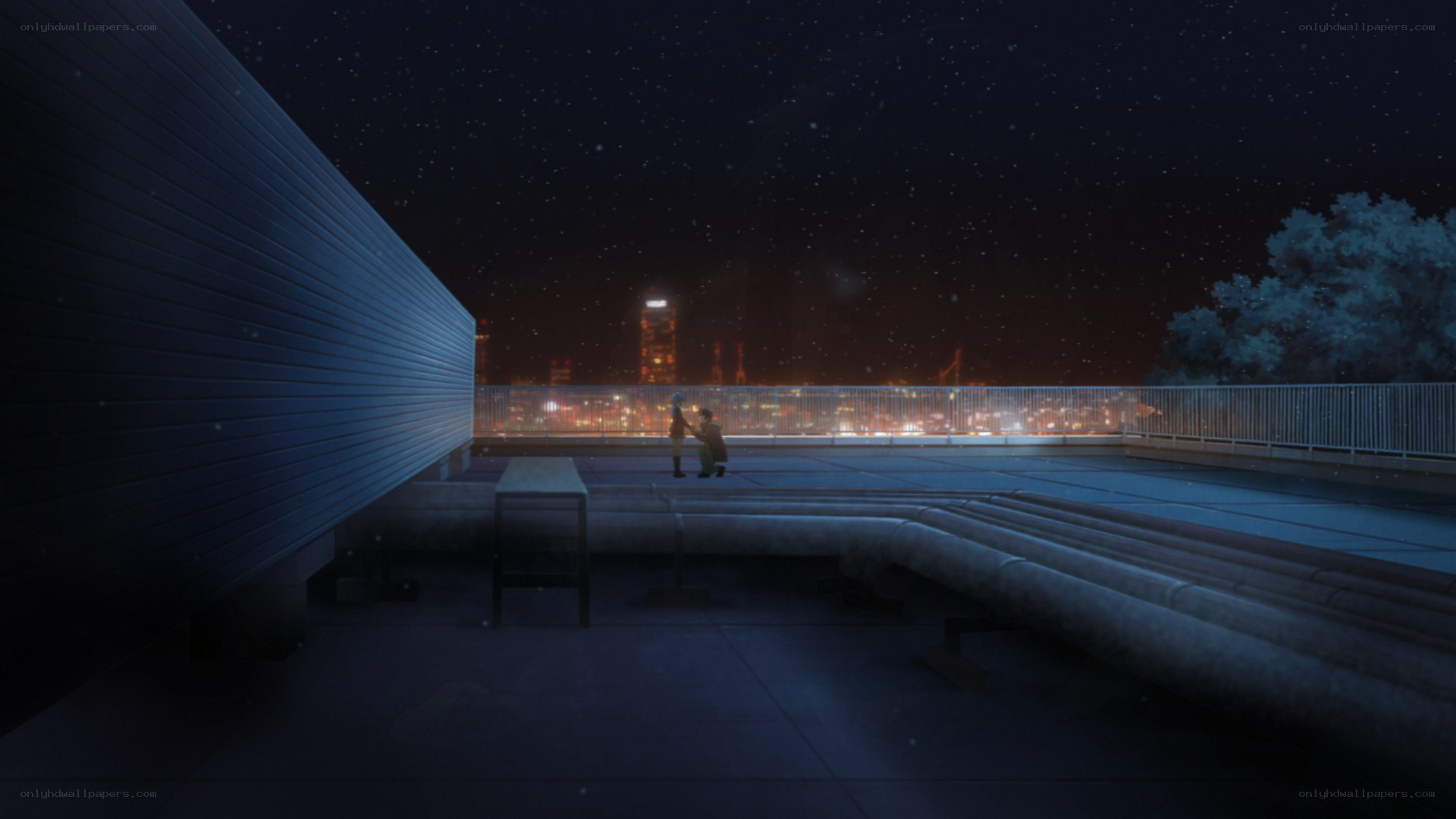 Two figures on a rooftop at night