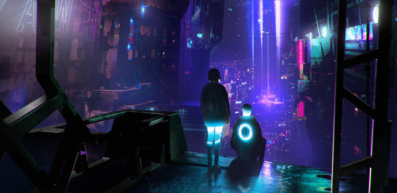 Two Figures on a Rooftop — Purple, Dramatic