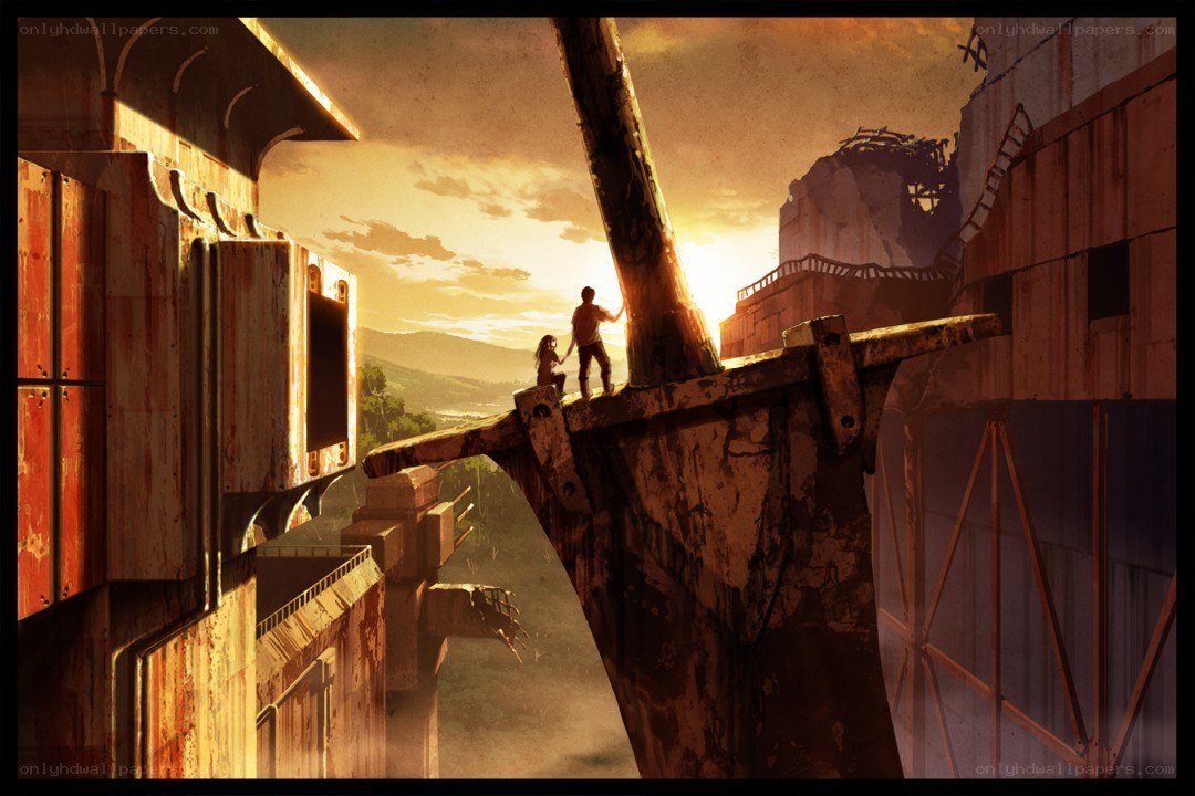 two figures on a ruined bridge