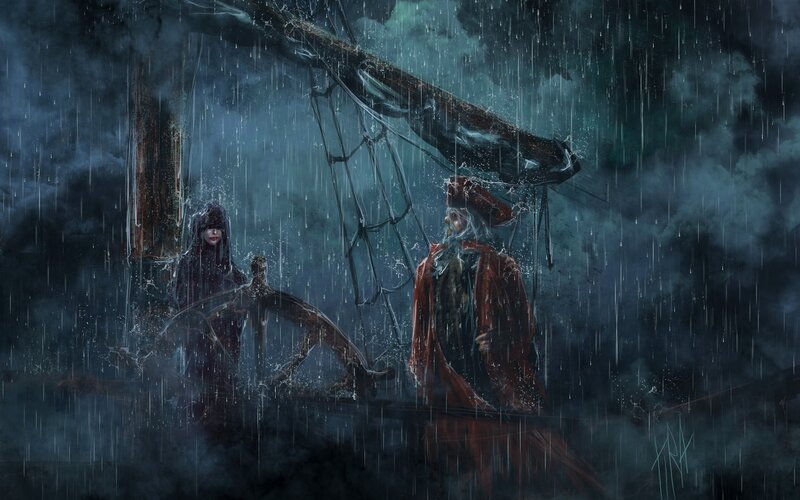 Two Figures on a Ship — Dark Blue, Dramatic