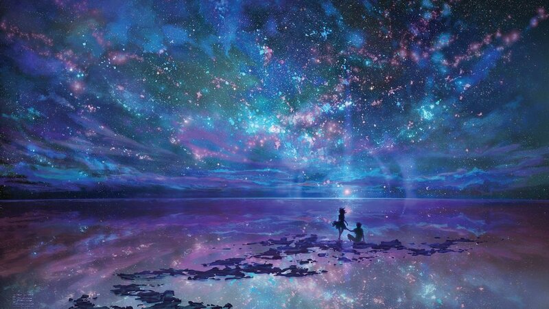 Two Figures on a Shore — Blue, Serene, Night, Digital Art