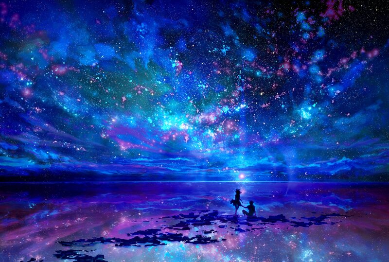 Two Figures on a Shore — Blue, Serene, Night