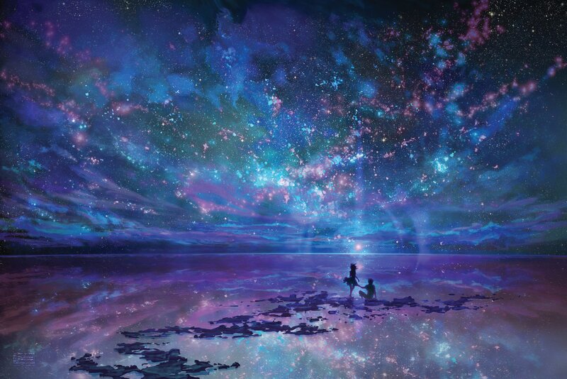 Two Figures on a Shore — Purple, Serene, Night