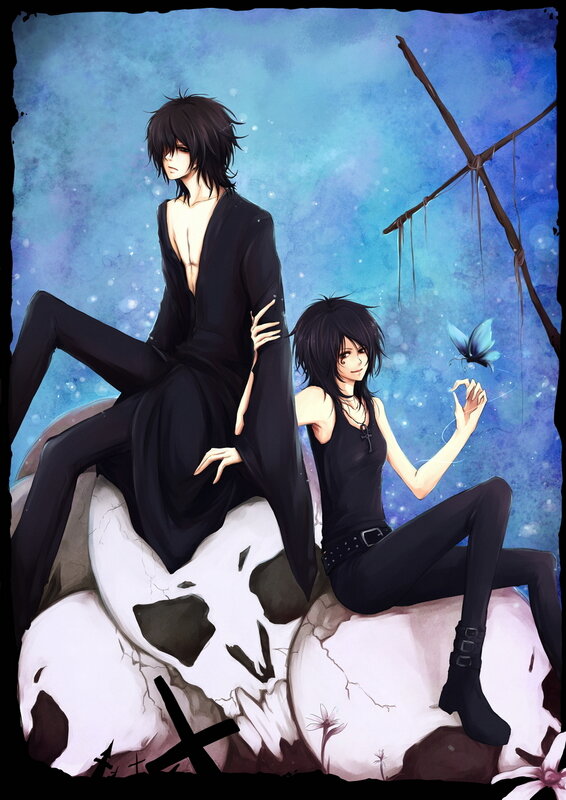Two figures on a skull