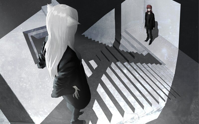 two figures on a staircase