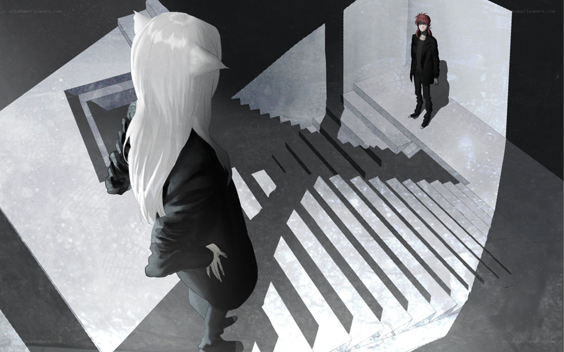 two figures on a staircase