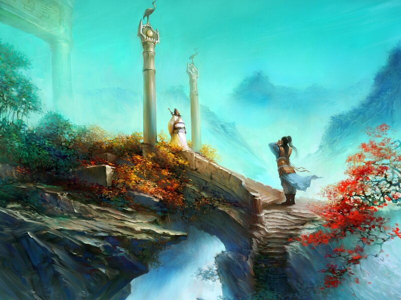 Two figures on a stone bridge