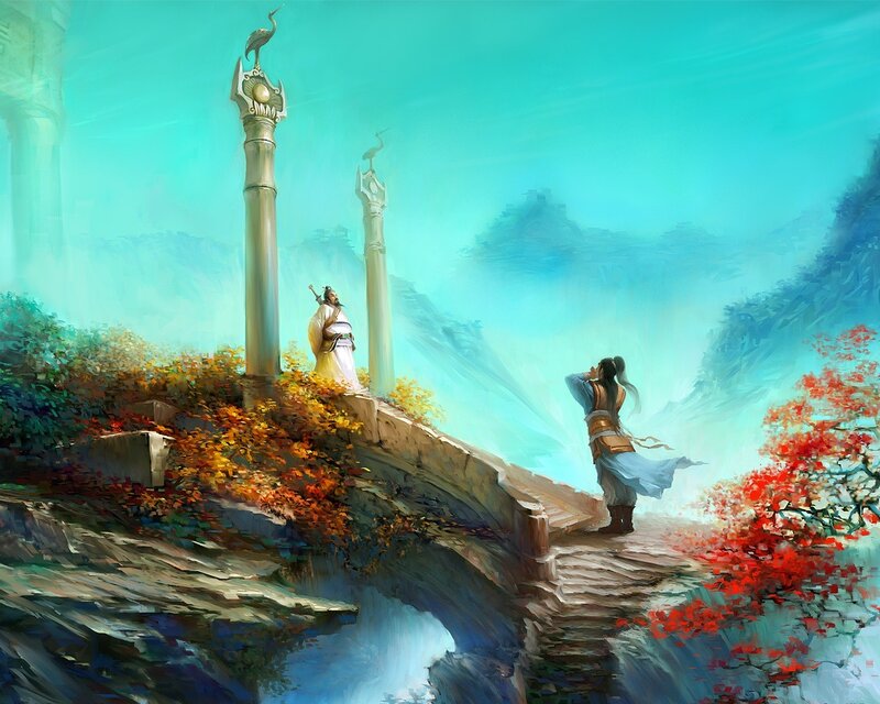 Two figures on a stone bridge