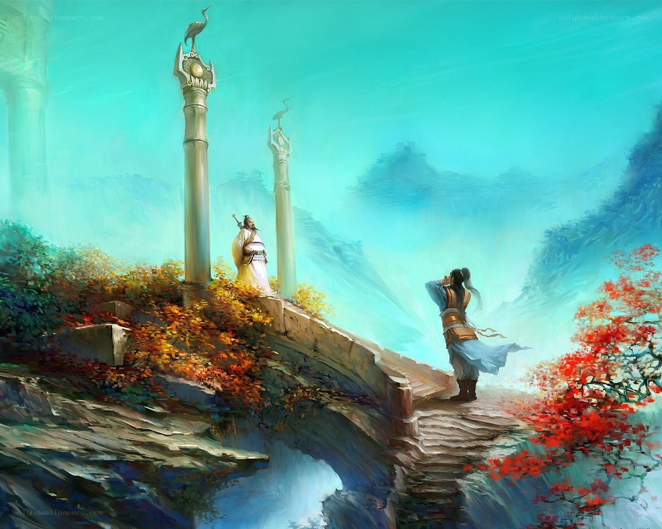 Two figures on a stone bridge