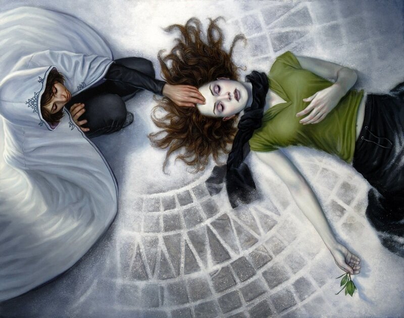 Two figures on a stone floor
