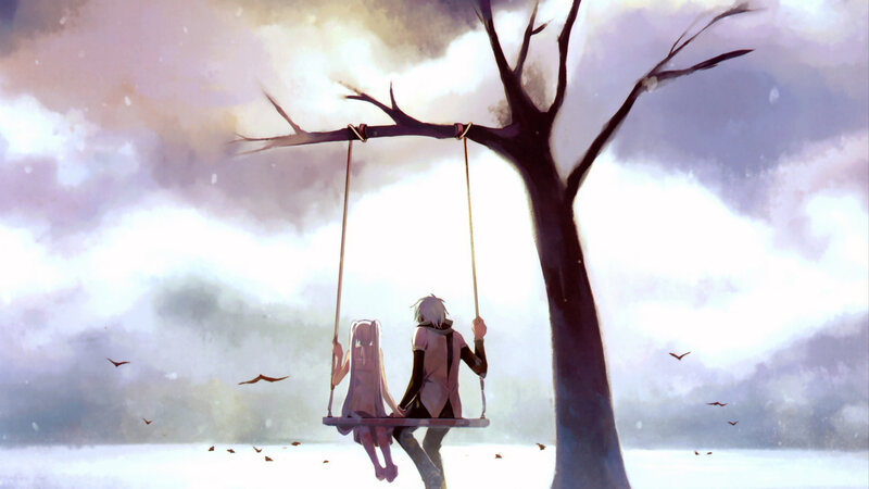 Two figures on a swing under a tree