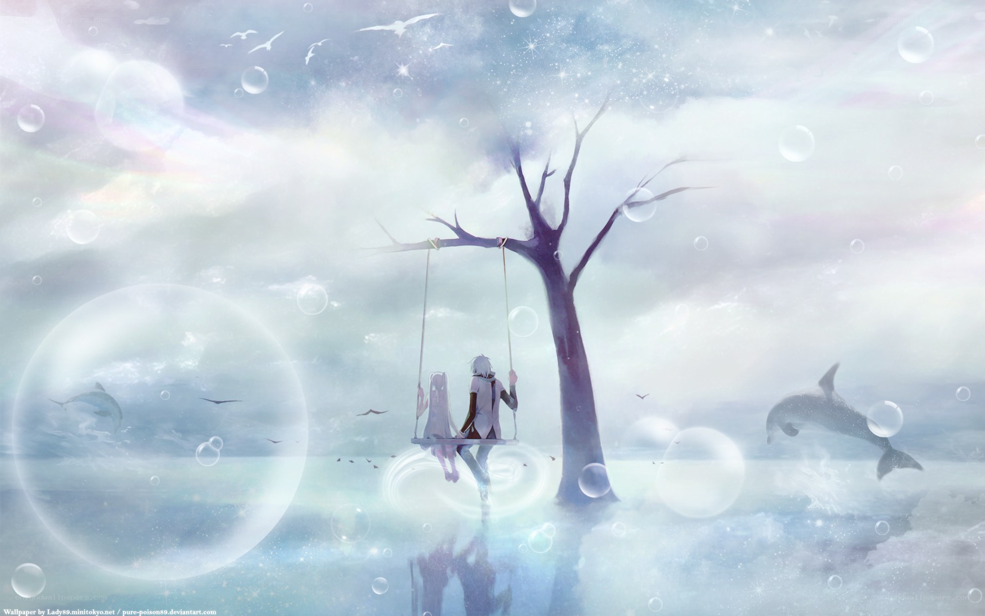 Two figures on a swing under stars