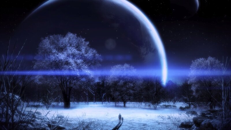 Two figures on alien planet