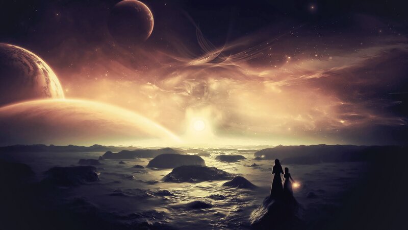 Two figures on alien planet