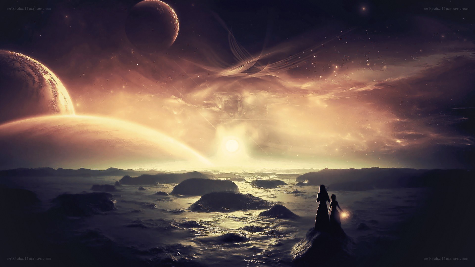 Two figures on alien planet