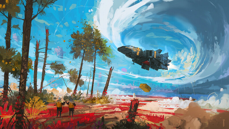 Two Figures on Alien Planet — Blue, Dramatic, Digital Art