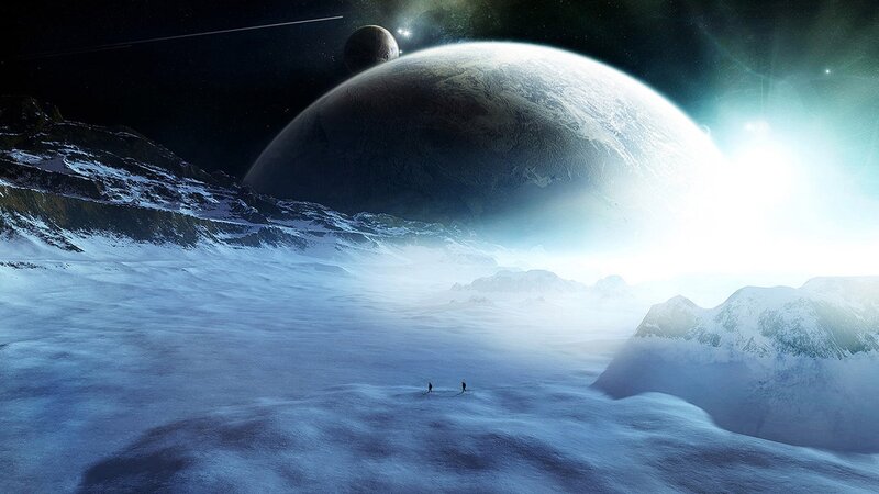 Two Figures on Alien Planet — Blue, Dramatic, Night, Digital Art, Moon, Stars