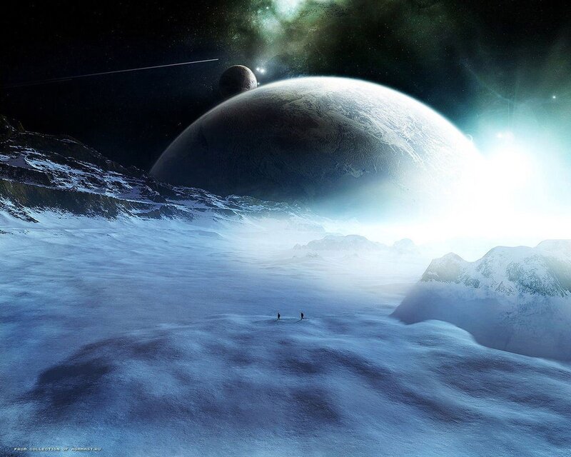 Two Figures on Alien Planet — Blue, Dramatic, Night, Digital Art, Moon