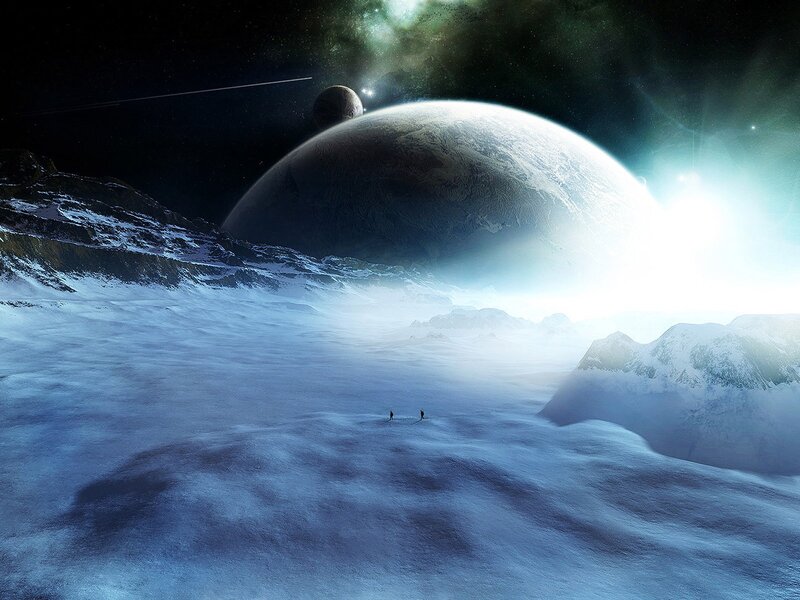 Two Figures on Alien Planet — Blue, Dramatic, Night, Digital Art