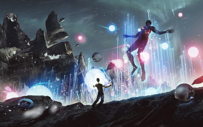 Two Figures on Alien Planet — Blue, Dramatic, Night