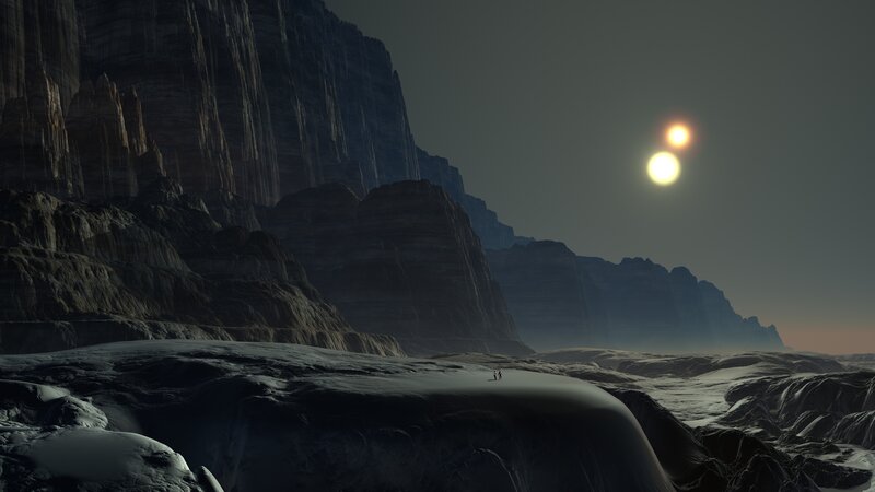 Two Figures on Alien Planet — Gray, Desolate