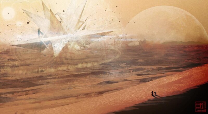 Two Figures on Alien Planet — Orange, Dramatic