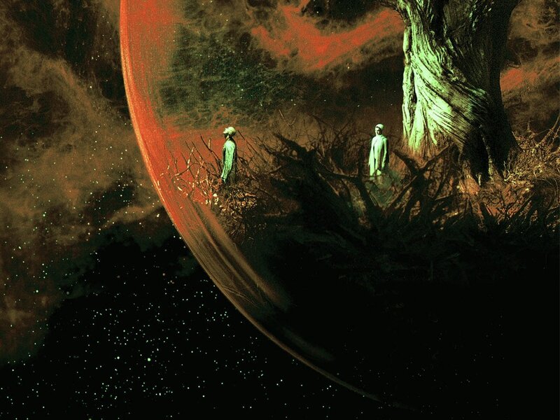 Two Figures on Alien Planet — Red, Dramatic, Night