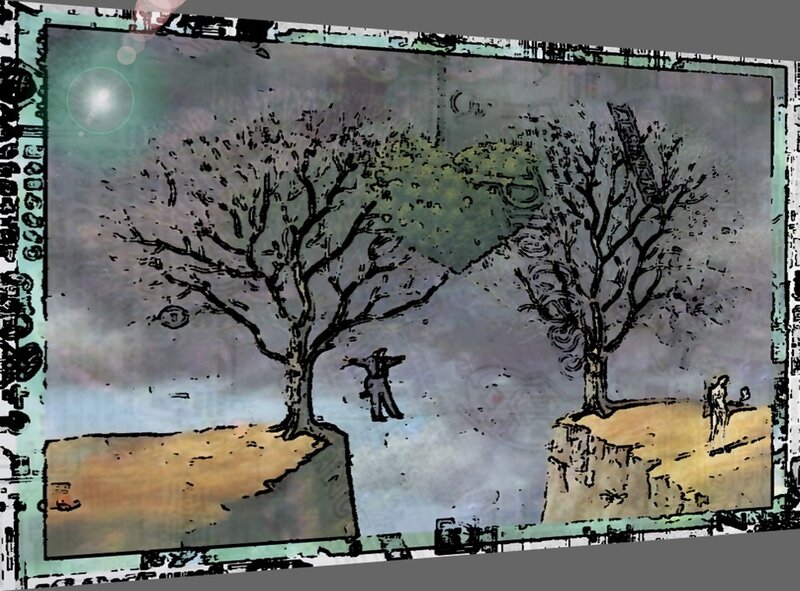 Two figures on cliffs with trees